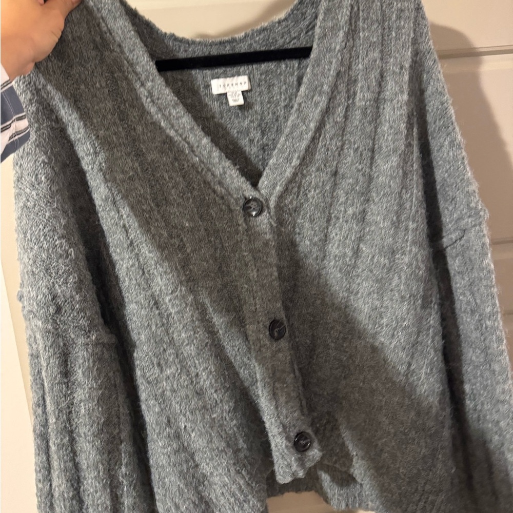 Topshop Gray V-Neck Button-Up Sweater